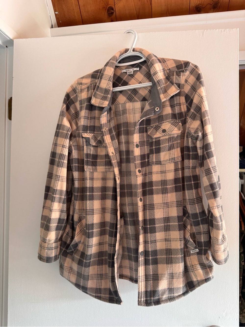 O'Neill Beige & Gray Plaid Teddy Shacket